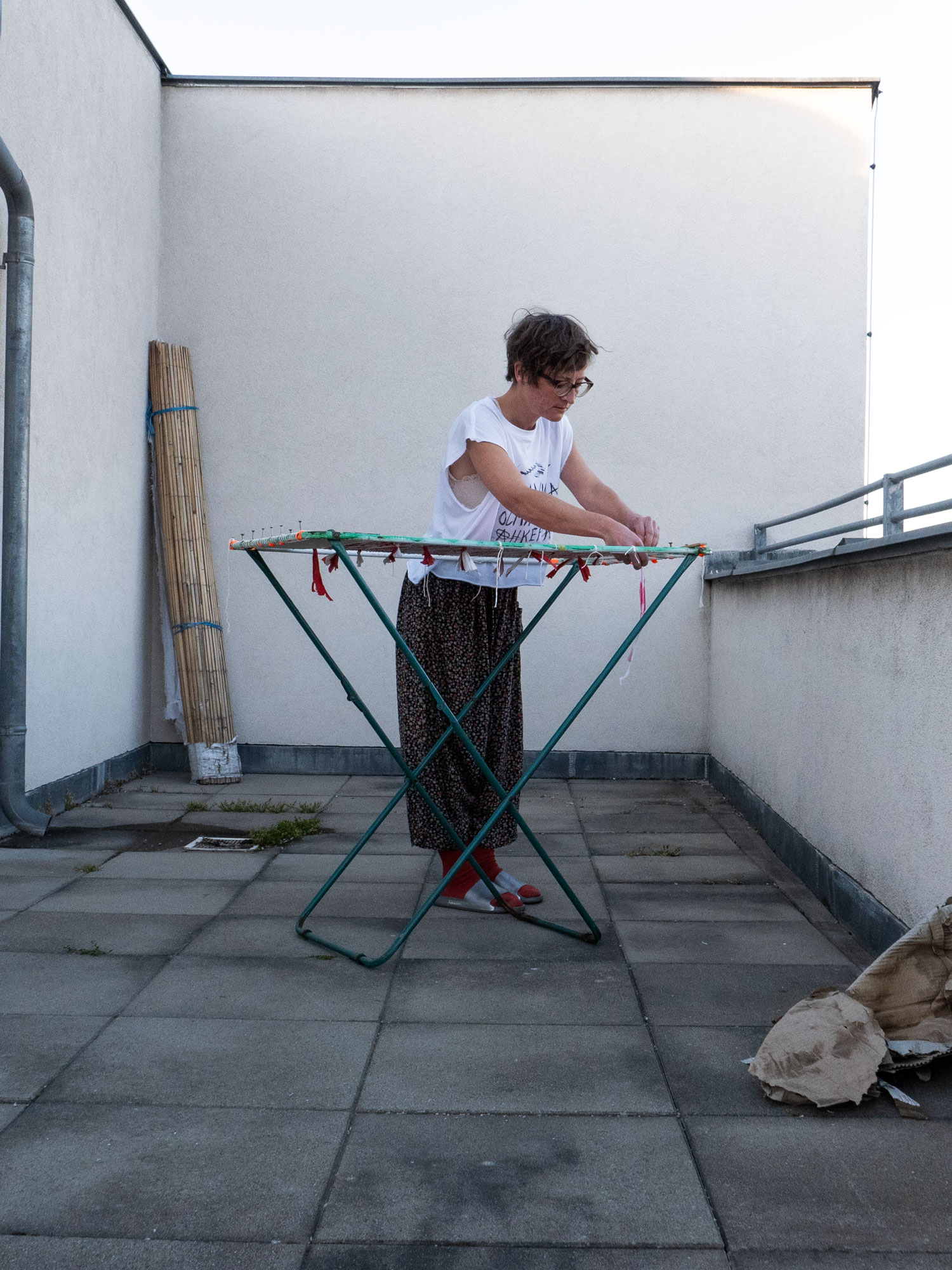 TRASHFLOW – transformation rag rug in progress, 2025 (~40 x 65 cm, barrier tapes found in Vienna, Budapest, Brussels, Paris, Belgrade, Freistadt, Bukarest)